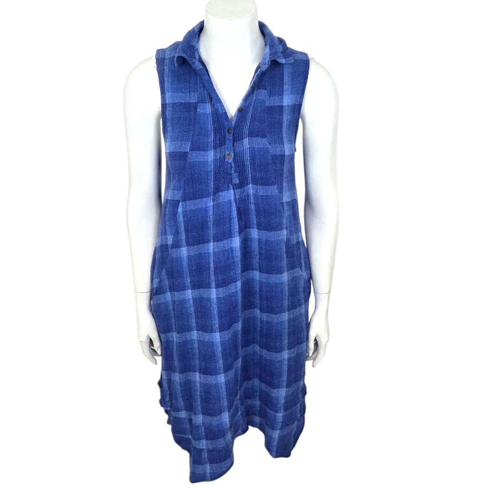 Isabella Sinclair Anthropologie Linen Plaid Shirt Dress Womens Small Blue